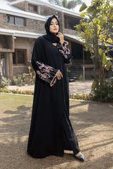 Aaima Premium Embroidered Sleeves Front-Open Abaya