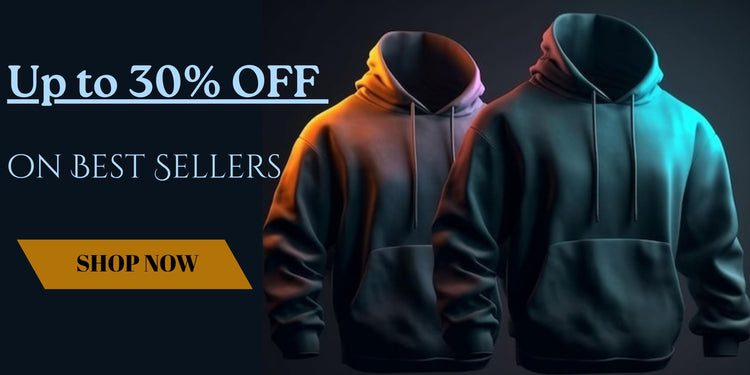 Two hoodies displayed side by side with promotional text for a discount on best sellers.