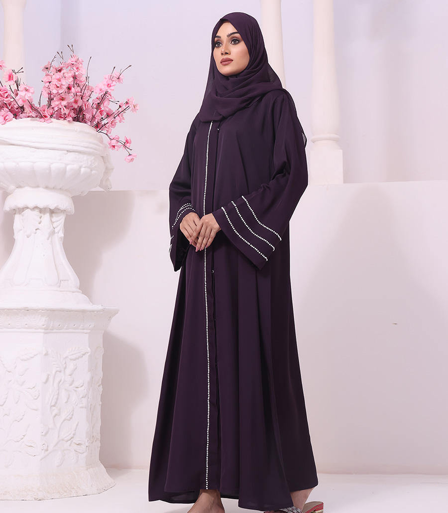 Marwa Luxury Front Open Abaya Featuring Pearl Detailing & Chiffon Headscarf