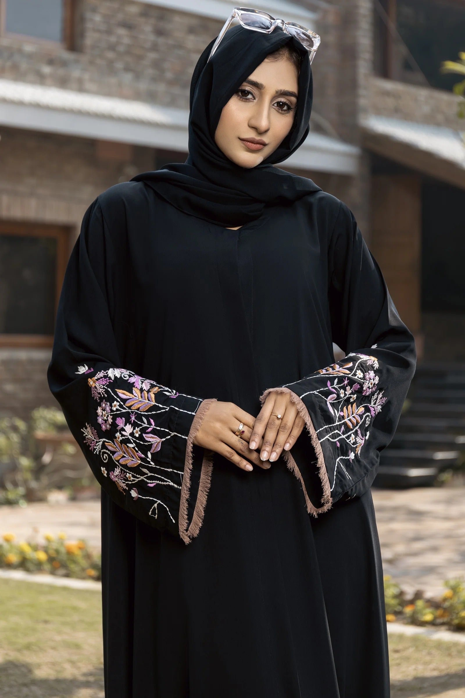 Aaima Premium Embroidered Sleeves Front-Open Abaya