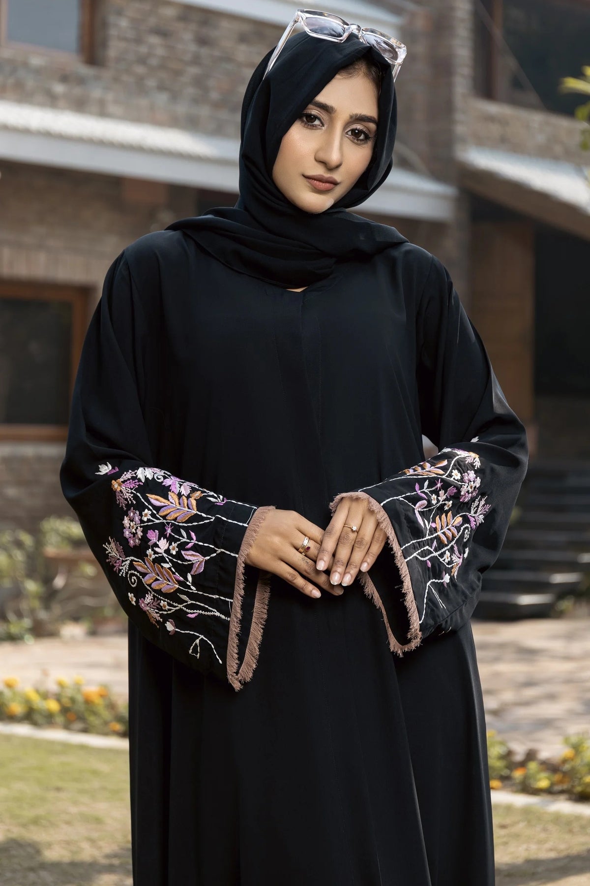 Aaima Premium Embroidered Sleeves Front-Open Abaya