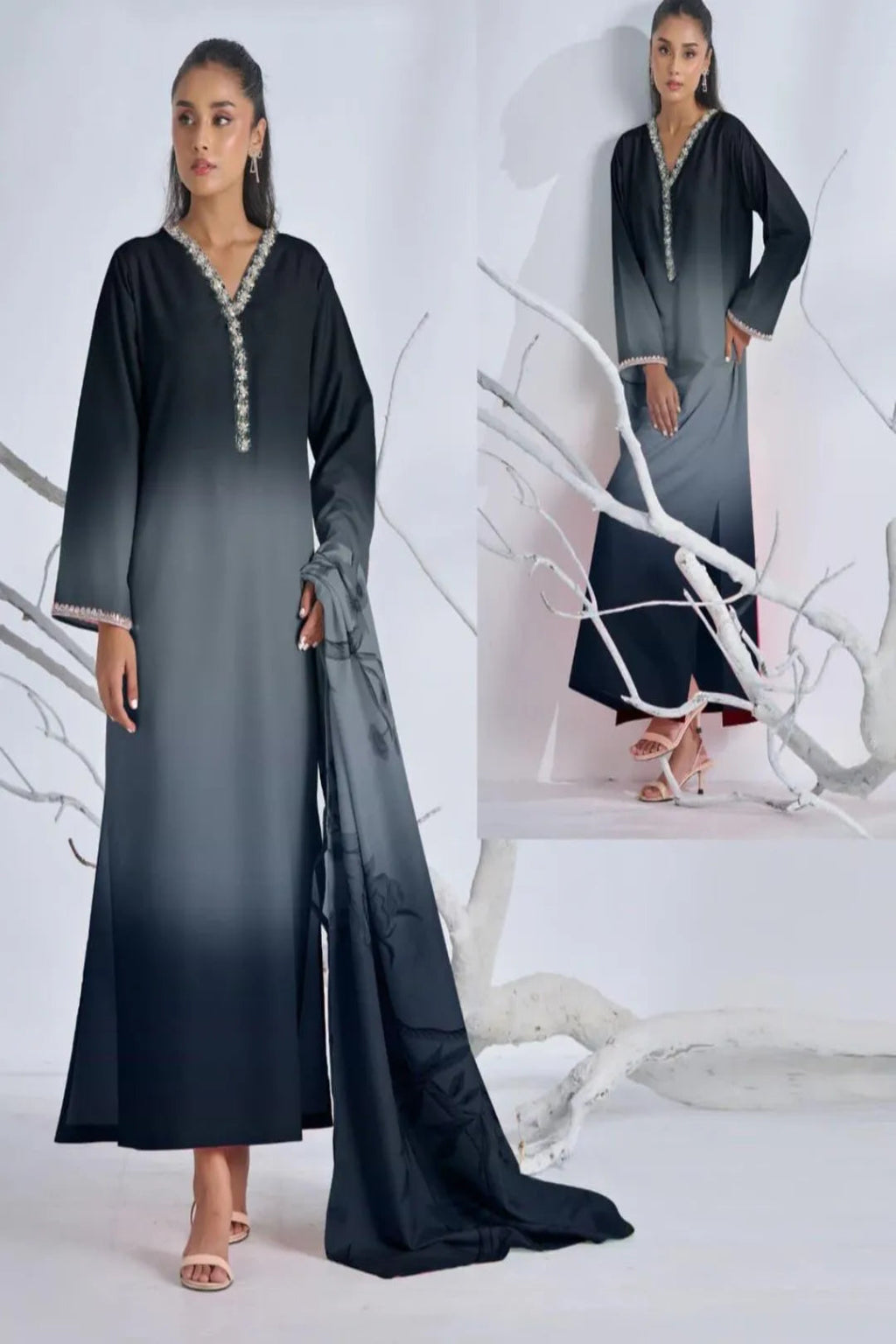 Woman wearing a black abaya with intricate detailing in a white room.