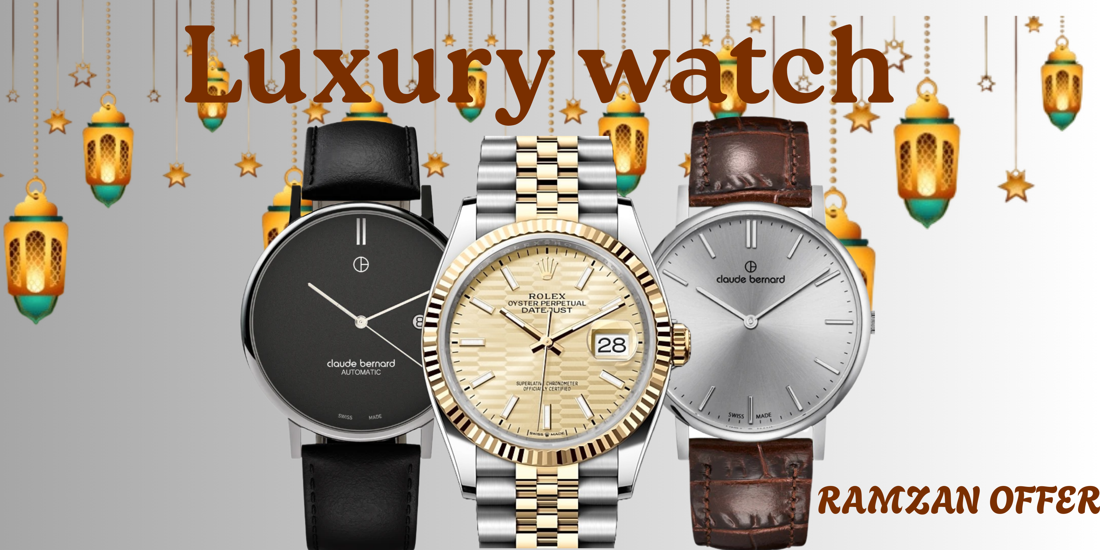 Three luxury watches displayed with Ramadan-themed decorations on a gray background.