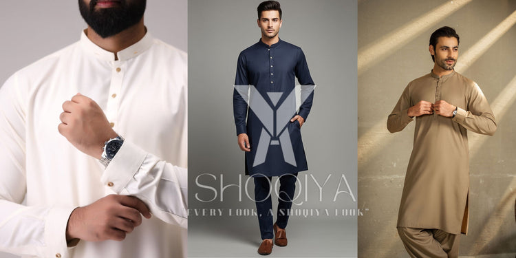 Three men modeling different colored kurta sets with 'Shoqiya' branding.