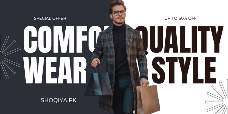 Man holding bags with promotional text for comfort, quality, and style wear on a dark background.