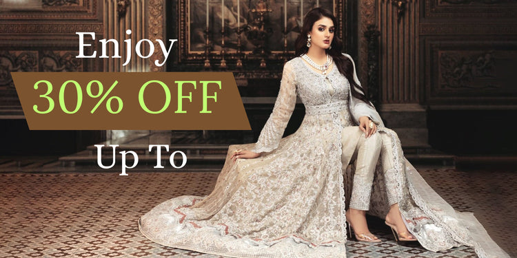 Woman in a traditional outfit with a '30% Off' promotion text overlay in an elegant interior setting.